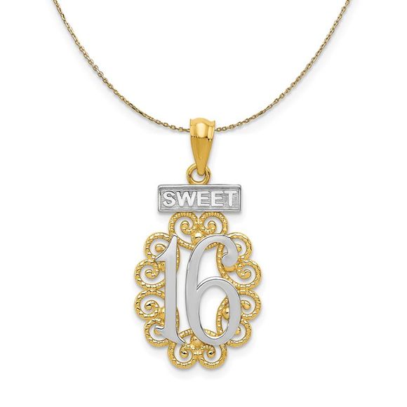 14k Yellow Gold and Rhodium Filigree Sweet 16 Necklace - 16 Inch